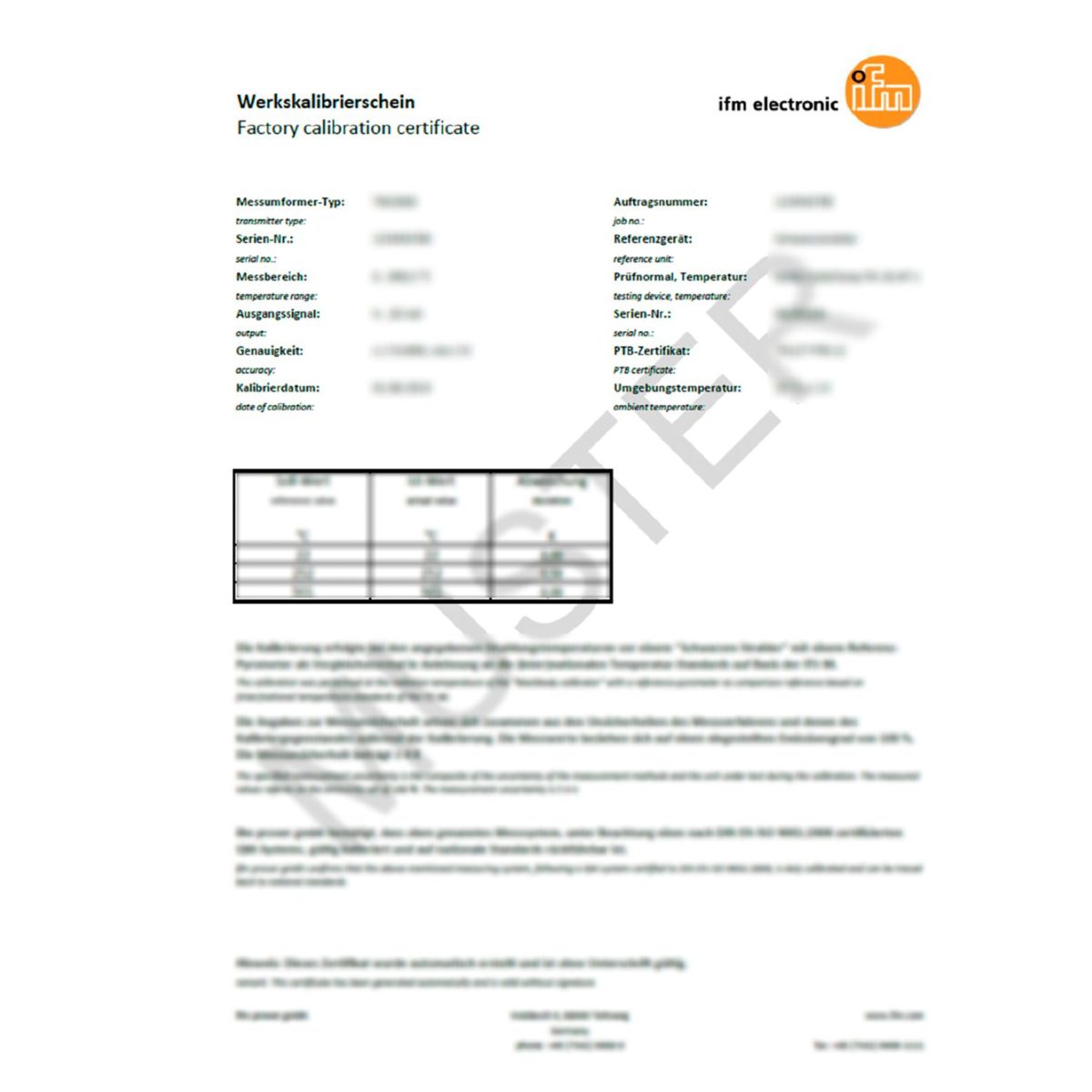 Ifm  Certificado de calibración de fábrica para sensores de presión