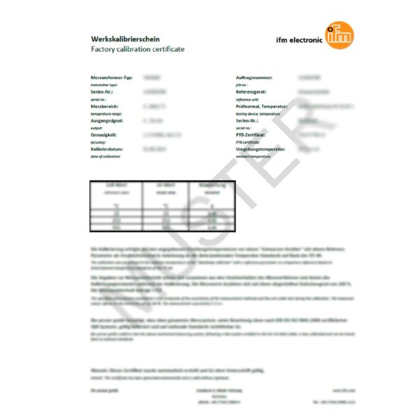 Ifm  Certificado de calibración de fábrica para sensores de temperatura